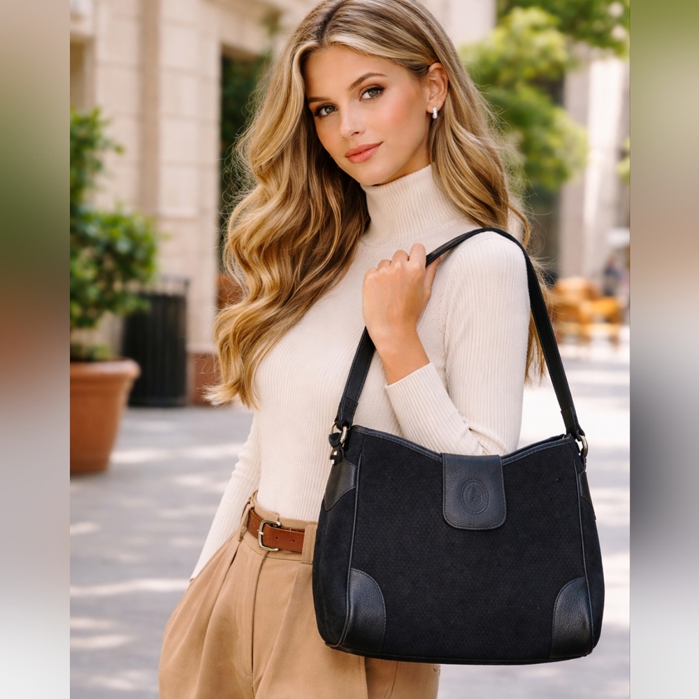 Marc Cross Black Leather Suede Shoulder Bag Vintage Classic Minimalist Designer